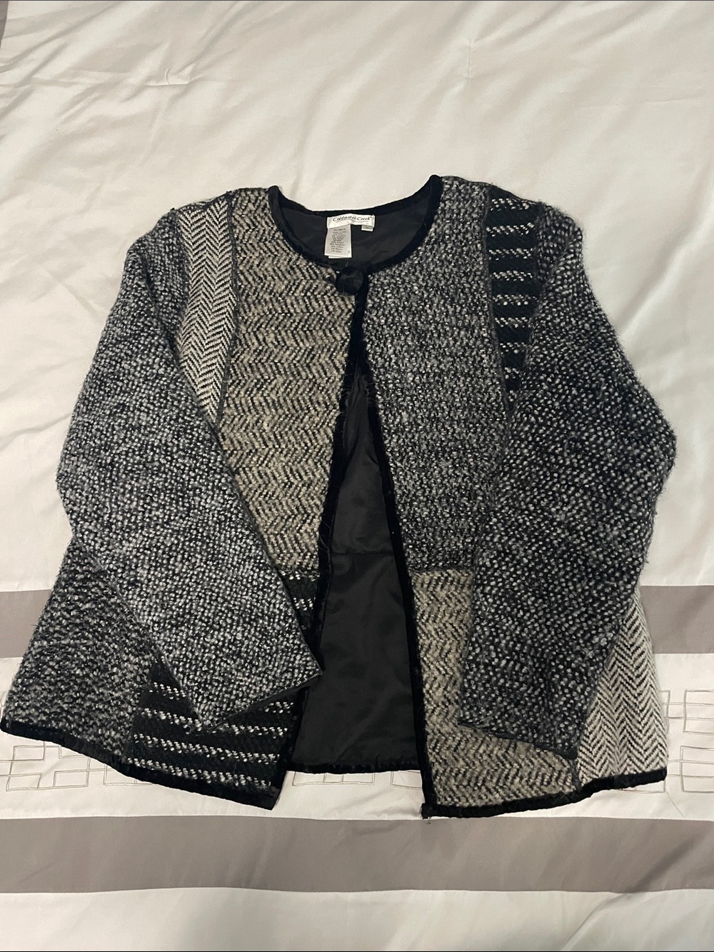 Coldwater Creek Black and Gray Patchwork Crewneck Cardigan